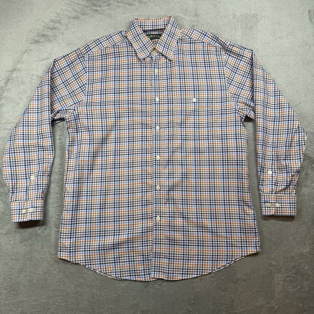 Orvis Button Down Shirt Men’s Large Orange Blue Cotton Plaid Long Sleeve Office